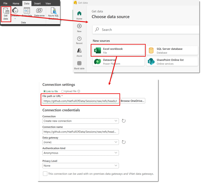 Get data button and the choose data source dialog and then the connection settings to start using Power Query as a source