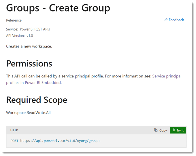 Screen shot from the Power BI rest api documentation