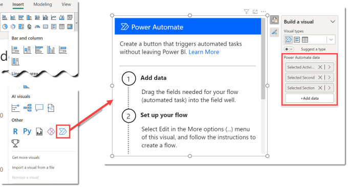 Screen shots showing adding the Power Automate button to the report from the drop down on the Insert ribbon