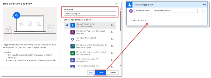 Build an instant cloud flow and then the trigger expanded to show the Workspace name input
