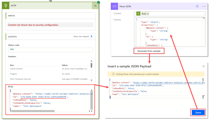 Showing the successful HTTP step with output body, and the Parse JSON action with the generate from sample button hghlighted
