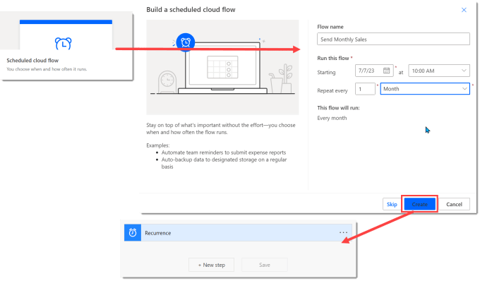 Screen grabs showing the Scheduled cloud flow tile and then the first dialog to enter in the flow name and then select repeat monthly. Finally a screen grab of the flow with the recurrence trigger.