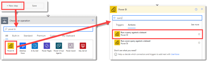 Screen grabs showing the search for Power BI and then searching for query in the Power BI actions.
