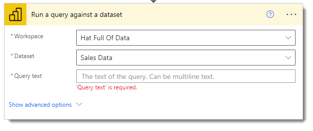 screen grab of the Run a query step with the workspace and dataset populated, but the query text is blank.