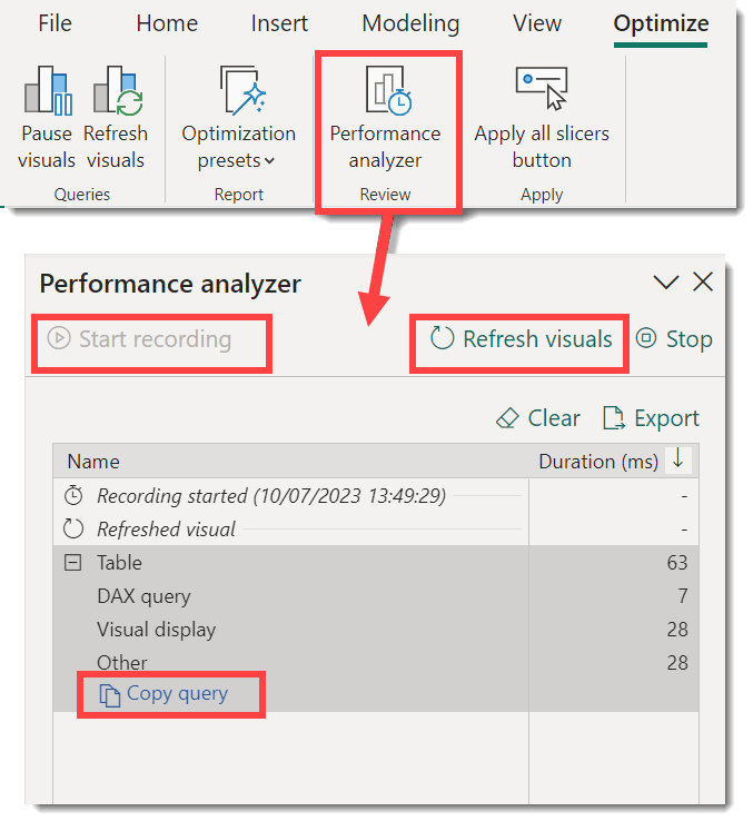 Toolbar showing the Perfomance Analyser on the ribbon and then the pane that appears