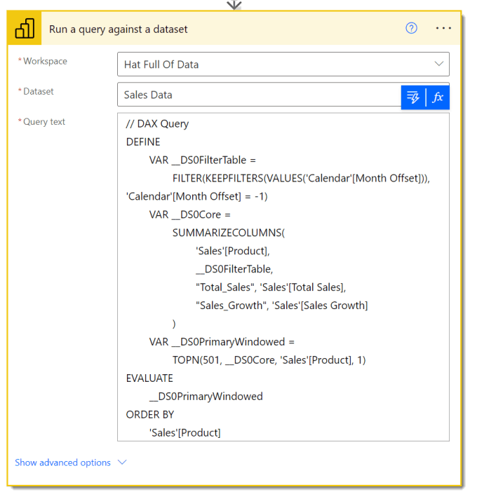 Power Automate step with the query pasted to get data from a Power BI dataset