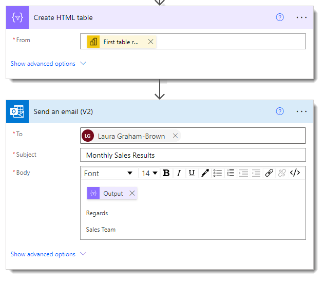 2 steps in Power Automate to create html table and then send the email.