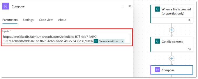 Compose step with the URL pasted in followed by the dynamic value from the trigger of File name with extension