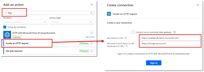 search and select http to save a file to onelake lakehouse