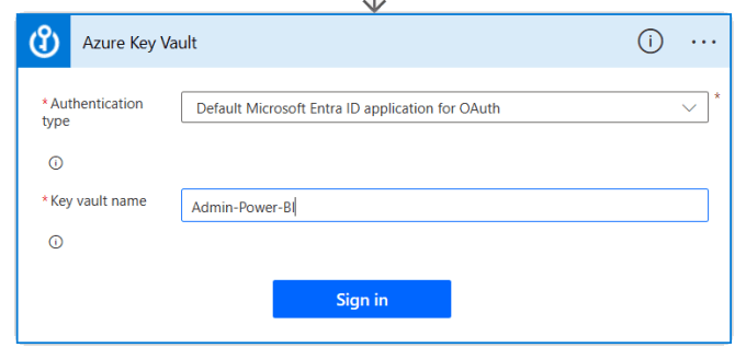 Azure Key Vault connection setup showing Authentication Type drop down which can be left on default and place to type in Key Vault name