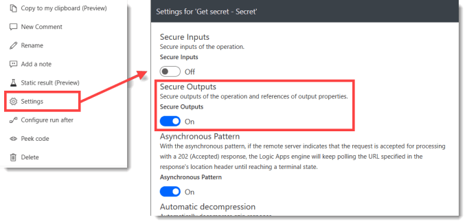 Menu showing settings and settings with toggle for Secure Outputs turned on