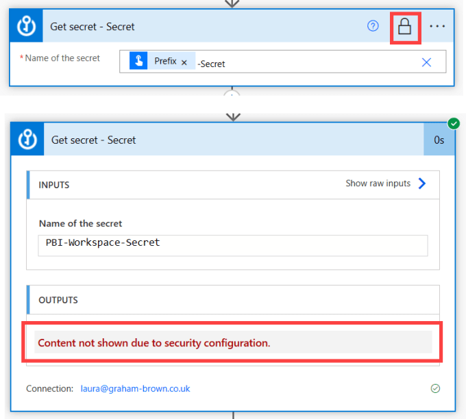 Action with a padlock and the executed action showing Content not shown due to security configuration