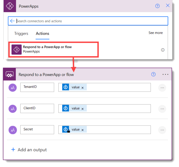 Power Apps connection showing Respond action and the action in the flow with three outputs