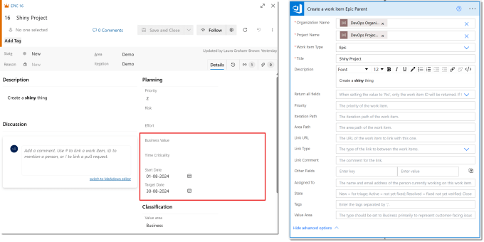Screen grabs of an Epic work item in DevOps and the DevOps Create a work item Power Automate action