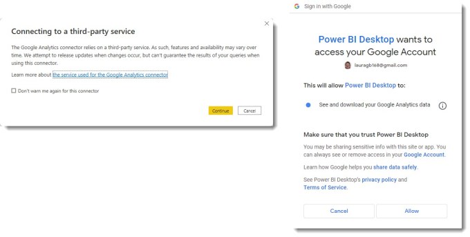 Warning messages for connecting Google Analytics to Power BI
