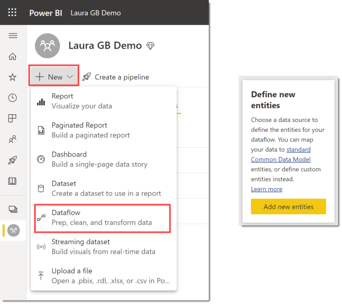 New dataflow menu and Add new entities