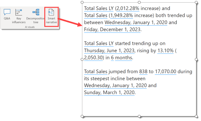 Screen shot of the insert ribbon highighting the smart narrative button and a screen shot of an example standard smart narrative
