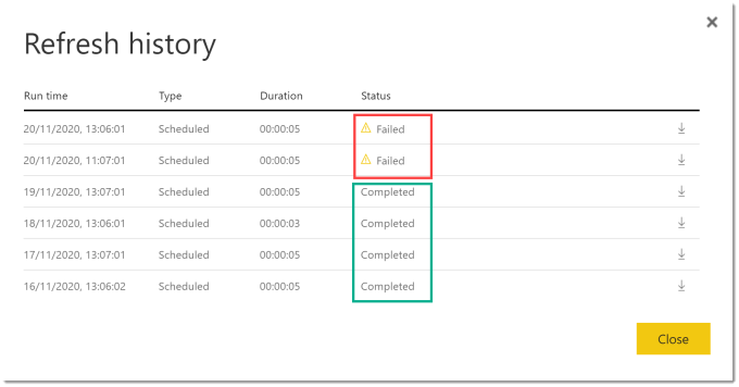 Refresh history dialog