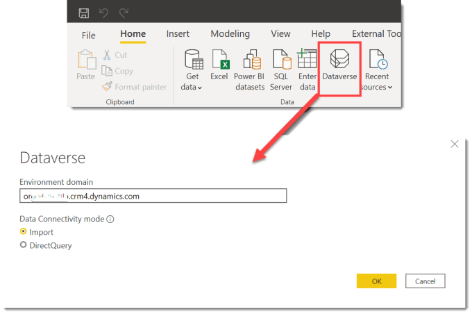 Dataverse icon on the Home ribbon and the dialog box to enter in the environment domain for connecting to dataverse.