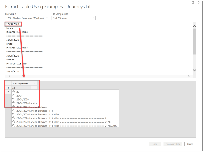 entering first column into import text file using example\n