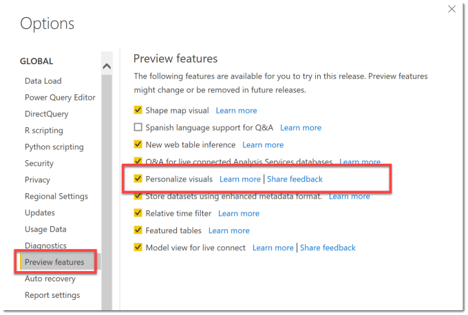 Preview features turn on Personalize Visuals