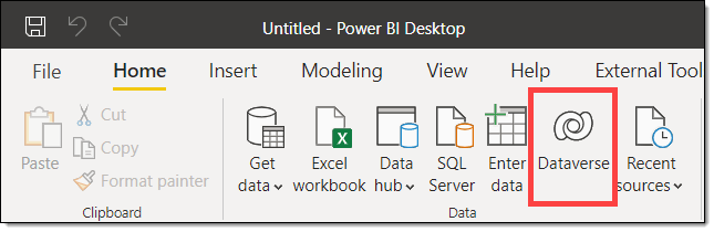 Dataverse button on the Home ribbon