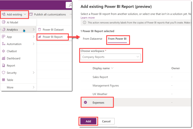 screen grabs showing the add existing drop down and the form that shows when you click Power BI