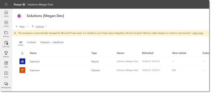 Screen grab of the new workspace that has a PowerApps icon as its icon.