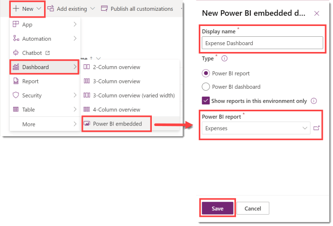 screen grabs showing the New drop down and the pane that appears when you select Power BI embedded to add a dashboard to the Power Platform Solution