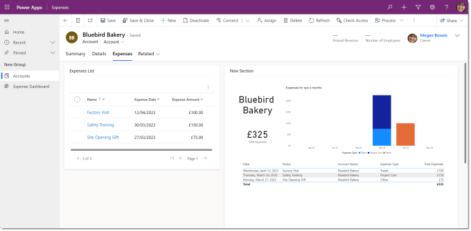 screen grab of the model driven app in the Power Platform solution showing the expenses tab and the embedded report.