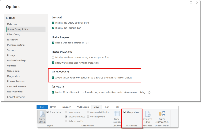 Power BI options dialog with Power Query Editor selected and Parameters highlighted. And the View ribbon in Power Query with the Parameters group highlighted