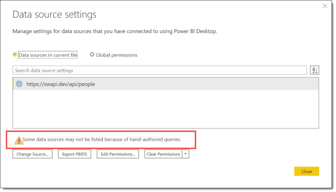 Data source settings dialog with message regarding hand-crafted queries which is how you identify Dynamic Data Sources exist apparently