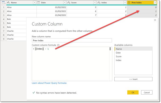 Custom Column dialog showing the calculation for Prev Index of Index -1