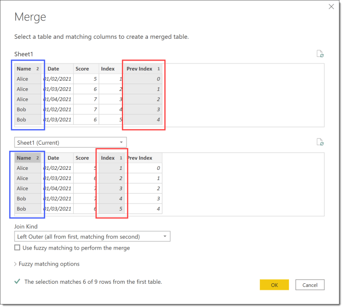 Merge dialog with columns selected for the merge