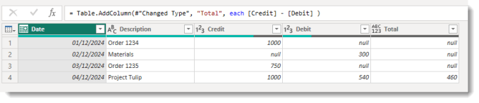 Table of data with Date, Description, Credit and Debit columns with an extra calculated column Total and the code is below and for the first three rows shows nulls.