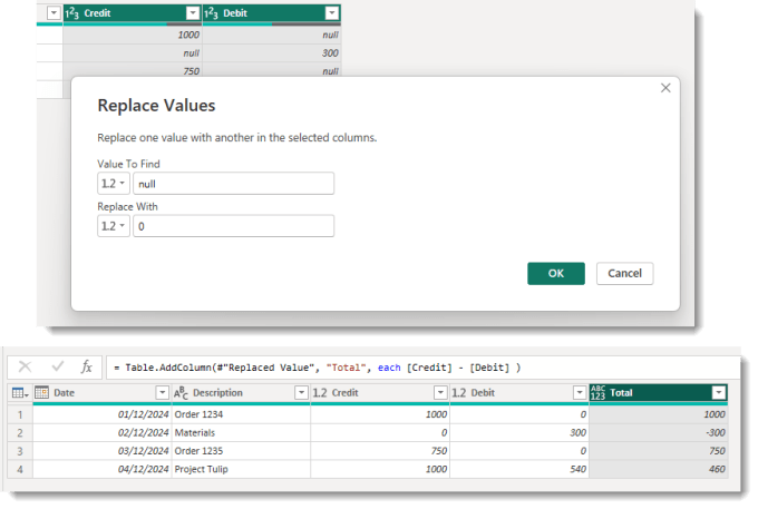 Replace values dialog with null in the Value to find and 0 in the Replace With box. And the final result showing no nulls.