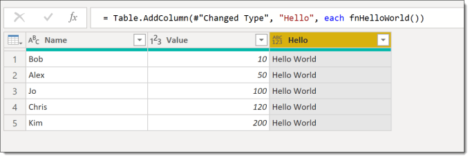 Data with Hello World column added