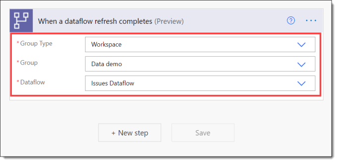 Trigger step showing values set for Group Type, Group and Dataflow
