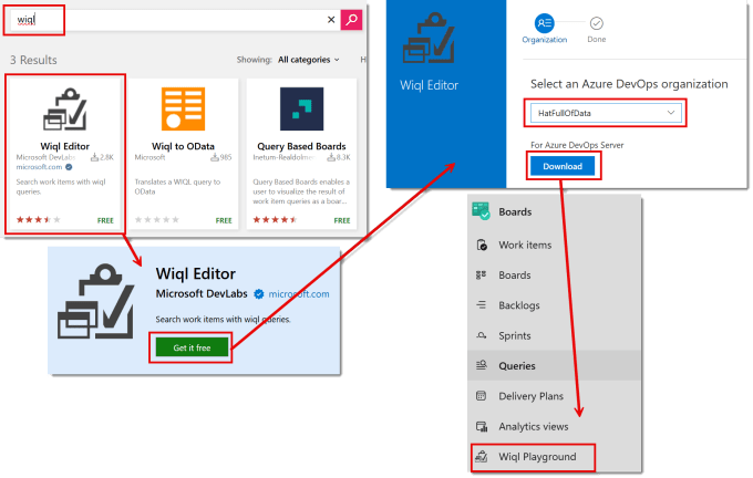 Screen grab of the market place showing the results of searching for wiql and then the header of the Wiql editor page showing the Get it free button. Then the select an organisation page with a download button and finally the Boards side menu showing Wiql Playground listed