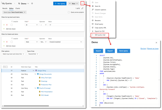 Showing how to get to the wiql of a query in DevOps