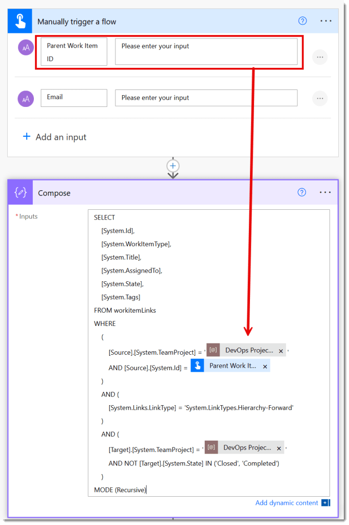 Screen shot of the flow with a manual trigger with a Parent Work Item ID as a parameter. Then a compose action with the Wiql code with the Project name environment variable and the Parent Work Item ID in the code