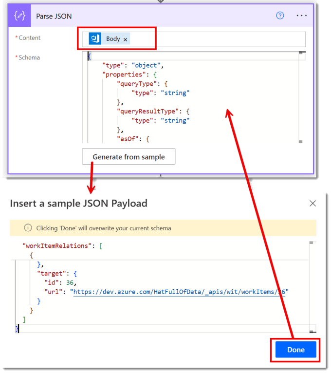 A parse json action showing the content and how to generate the schema