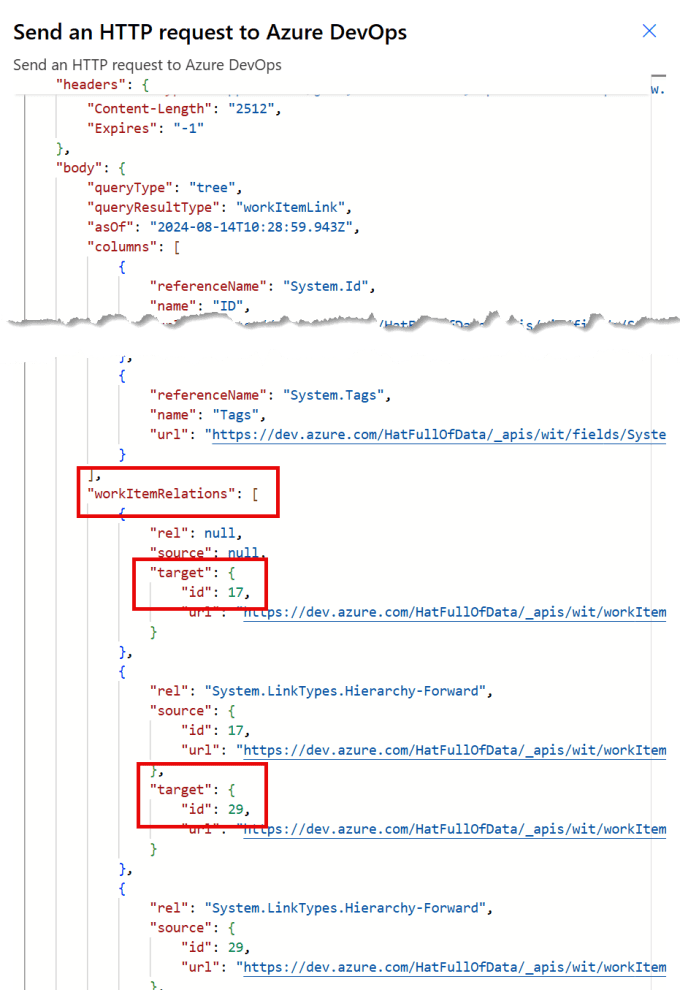The output code with workItemRelations and Target with Id highlighted