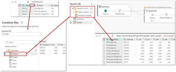 Showing the button in the Content for combining, the combine dialog and the resulted combined data