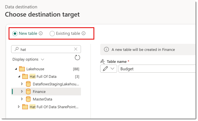 Choosing a destination target to either a New or Existing table