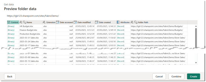 Preview folder data dialog showing files from multiple folders