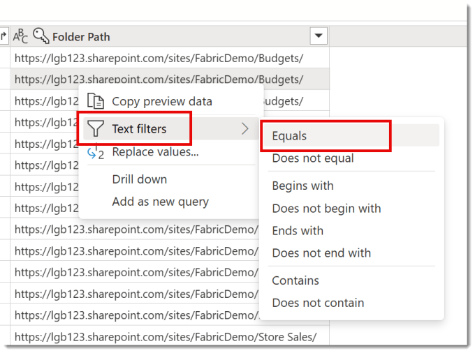 Adding a text filter to the Folder Path column.