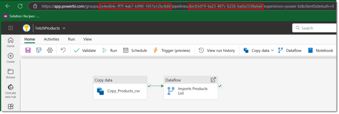Screen shot of the data pipeline opened n a browser with highlights around the 2 GUIDs.