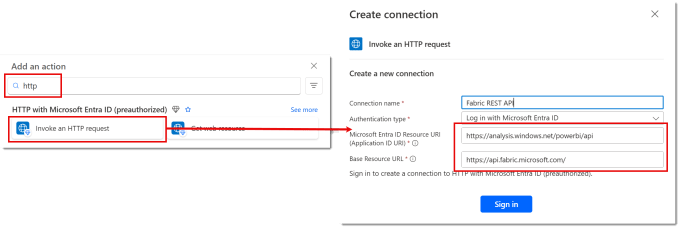 Adding the connection details for the HTTP action