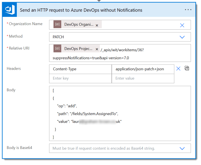A send HTTO request to DevOps action with the suppressNotifications parameter added.